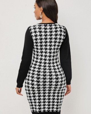 Color Block Houndstooth Print Long Sleeve Sweater Dress