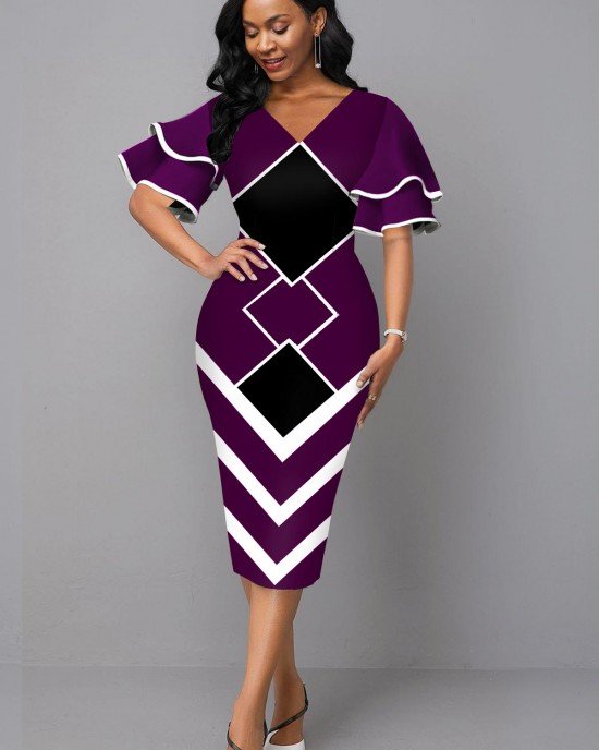 Geometric Print V Neck Sheath Dress