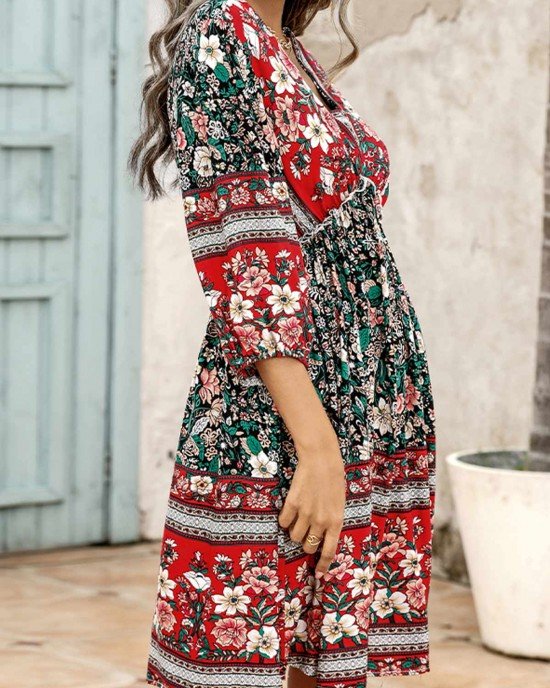 Red Stringy Selvedge Floral Print Dress