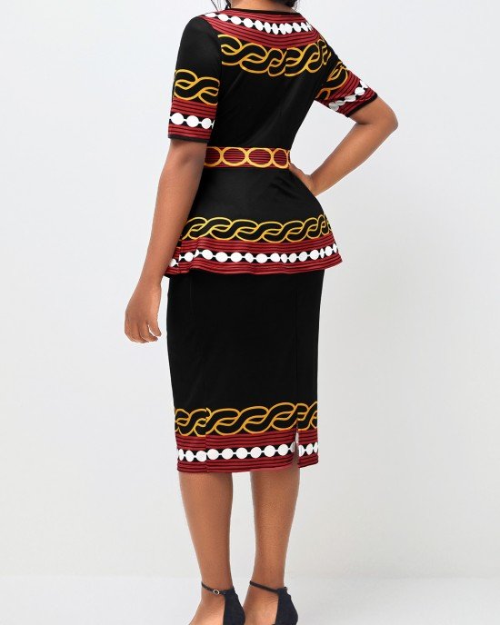 Tribal Print Round Neck Deep Red Peplum Waist Dress