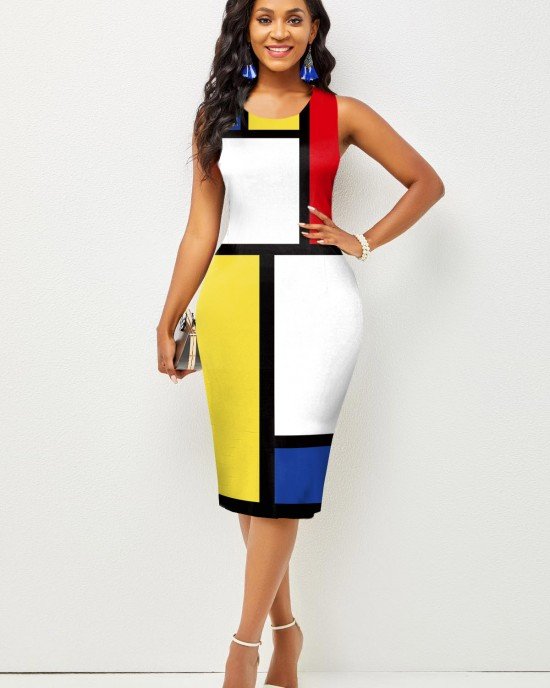 Color Block Sleeveless Round Neck Dress