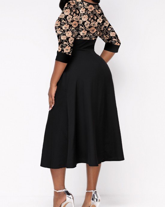 Random Floral Print Button Black Split Neck Dress