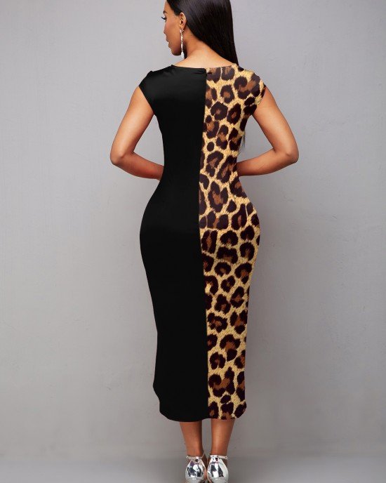 Short Sleeve Boat Neck Leopard Dress