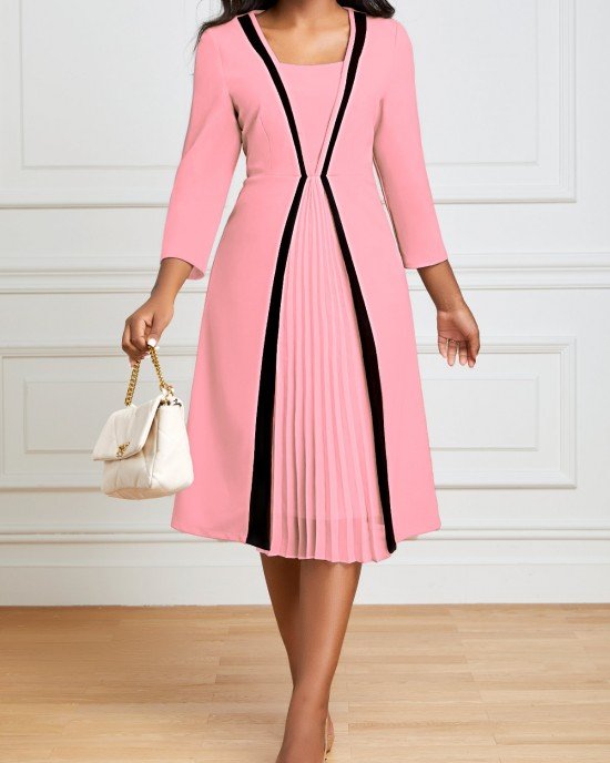 Square Neck Three Quarter Length Sleeve Dress