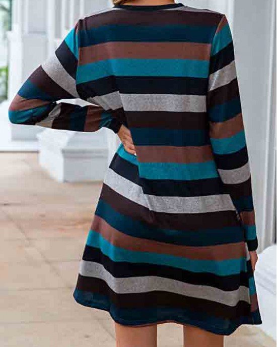 Pocket Long Sleeve Multi Color Striped Dress