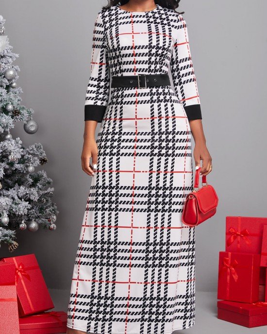 Geometric Print Belted Multi Color Maxi Dress