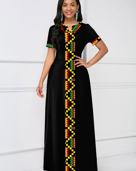 Short Sleeve Tribal Print Keyhole Neck Dress