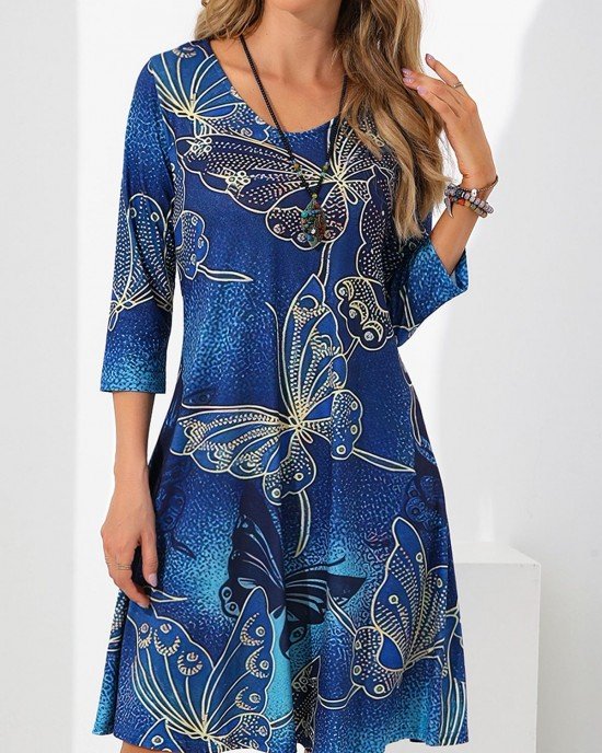 Butterfly Print 3/4 Sleeve Blue Dress