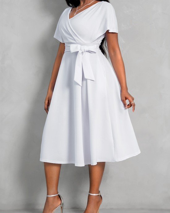 Short Sleeve V Neck Belted Dress