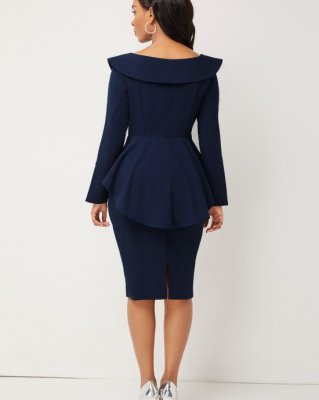 Long Sleeve Turndown Collar Peplum Waist Dress