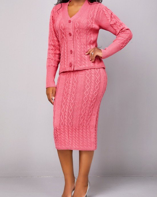 Long Sleeve Peach Red Top and Bodycon Skirt