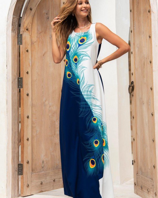 Square Collar Feathers Sleeveless Maxi Dress