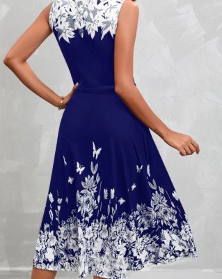 Floral Print Sleeveless Navy High Waist Dress