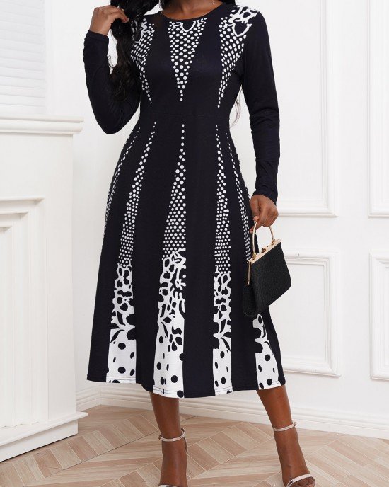 Contrast Long Sleeve Polka Dot Dress