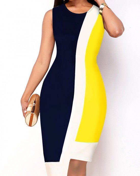 Sleeveless Asymmetric Hem Contrast Dress