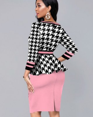 Houndstooth Print Pink Peplum Waist Dress