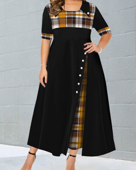 Decorative Button Ginger Plaid Round neck Dress