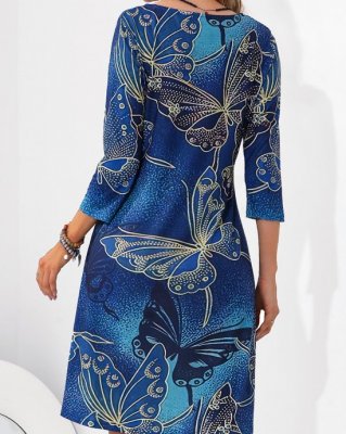 Butterfly Print 3/4 Sleeve Blue Dress