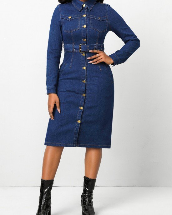 Pocket Belted Dark Blue Shirt Collar Bodycon Dress