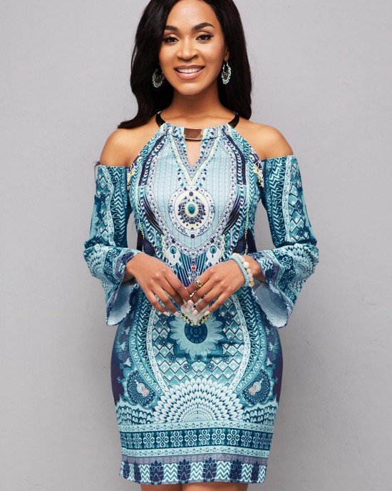 Long Sleeve Bib Neck Tribal Print Bodycon Dress