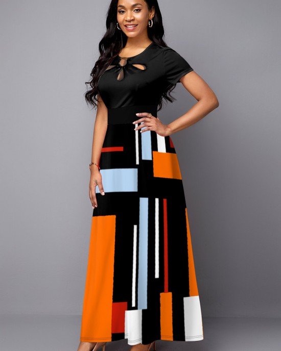 Black Geometric Print Cage Neck Dress