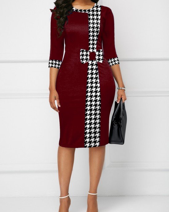 Houndstooth Print Bowknot Bodycon Dress