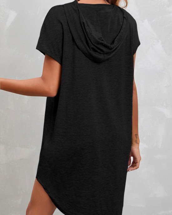 Drawstring Short Sleeve Black Hooded Collar Dress