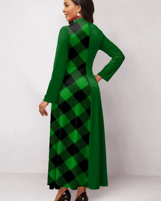 Plaid Patchwork Stand Collar Maxi Dress