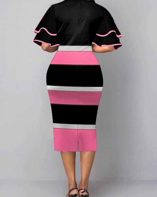 Color Block Layered Bell Sleeve V Neck Dress