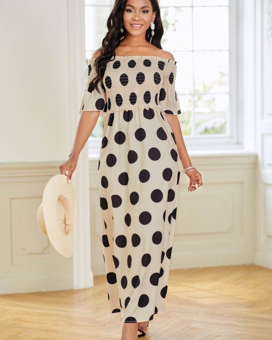 Smocked Off Shoulder Polka Dot Dress