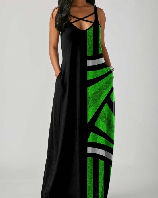 Spaghetti Strap Geometric Print Side Pocket Maxi Dress