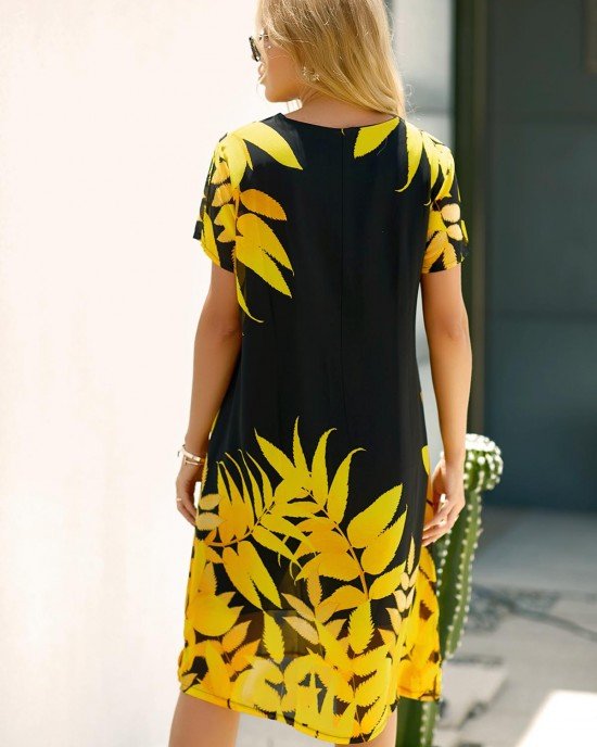 Short Sleeve Leaf Print Round Neck Dress