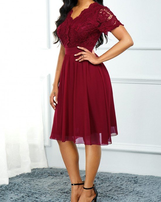 High Waist Lace Panel Short Sleeve Red Dress