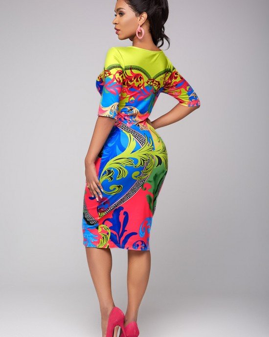 Half Sleeve Tribal Print Round Neck Dress