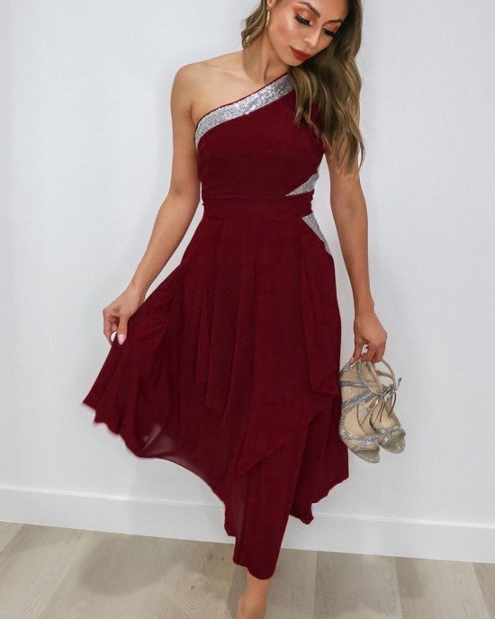 High Waist Asymmetric Hem One Shoulder Dress