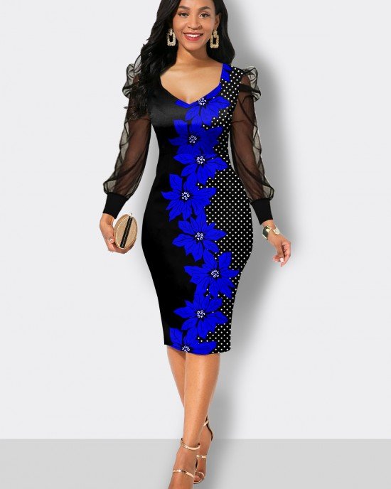 Floral Print Fabric Splicing Long Sleeve Sweetheart Neckline Dress