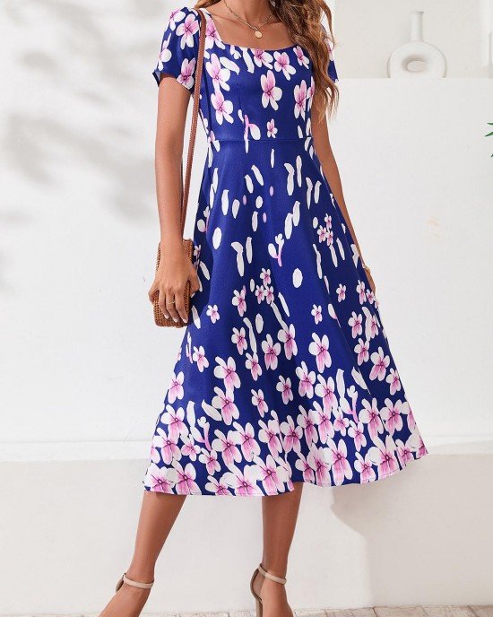 Floral Print Square Collar Navy Blue Dress