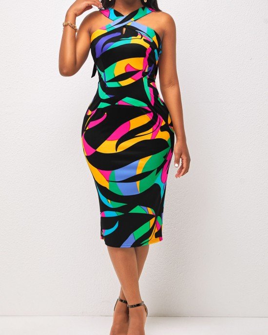 Cross Halter Tie Back Multi Color Dress