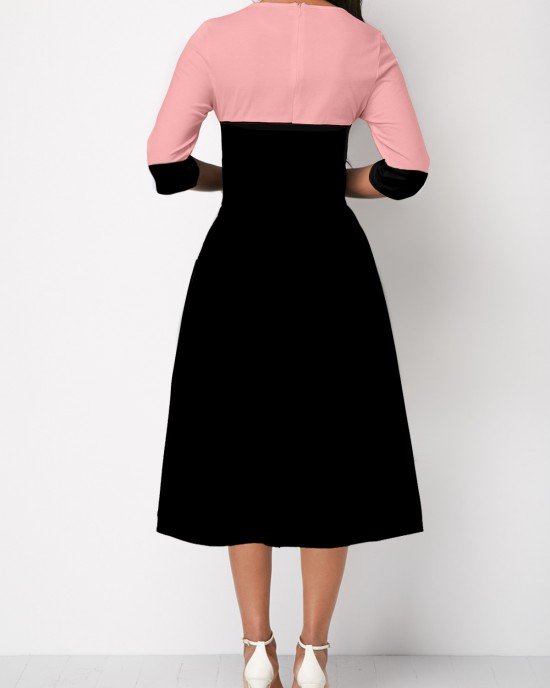 Pink High Waisted Faux Two Piece Round Neck Dress