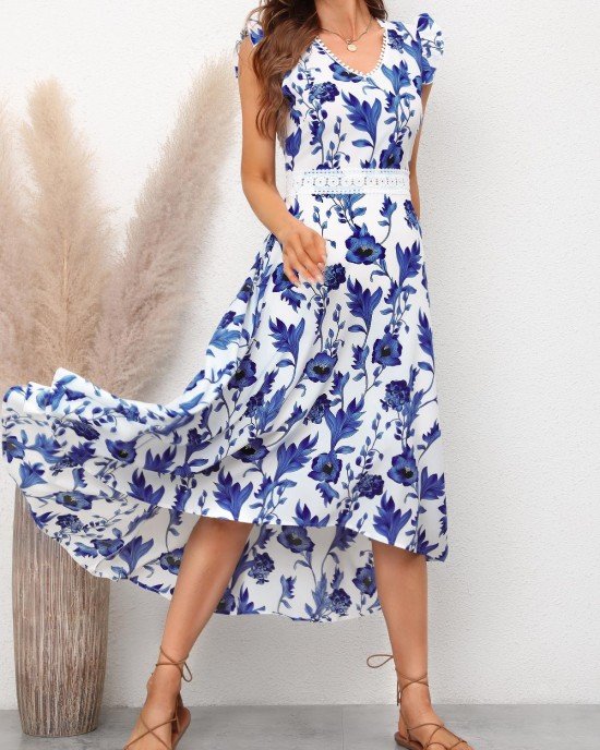 Ruffle Sleeve Floral Print Blue Lace Stitching Dress