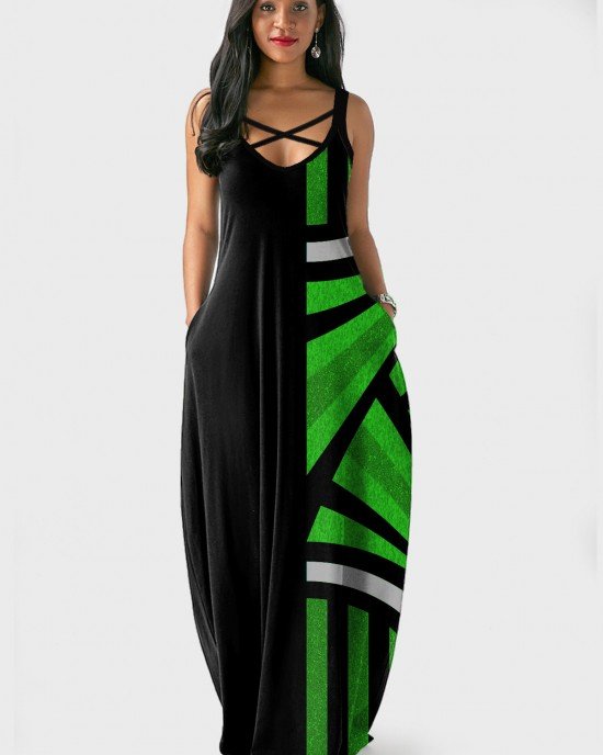 Spaghetti Strap Geometric Print Side Pocket Maxi Dress