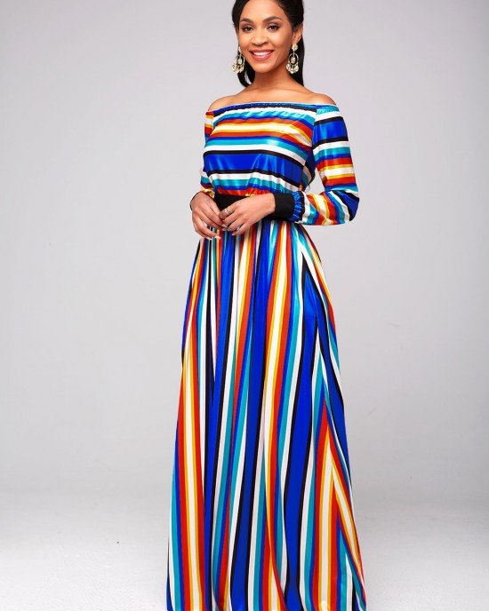 Off Shoulder Top and Rainbow Color Striped Skirt