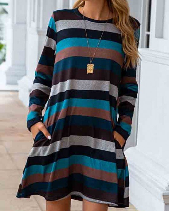 Pocket Long Sleeve Multi Color Striped Dress