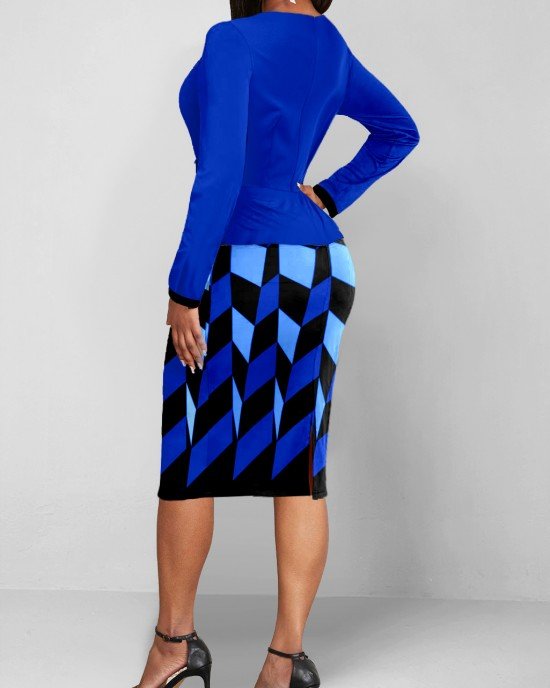 Geometric Print Bodycon Dress and Royal Blue Cardigan