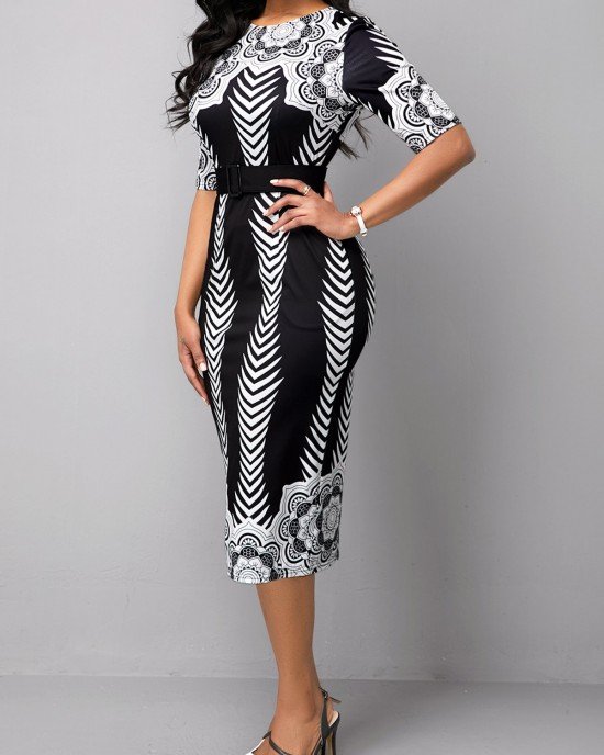 Half Sleeve Belted Tribal Print Dress