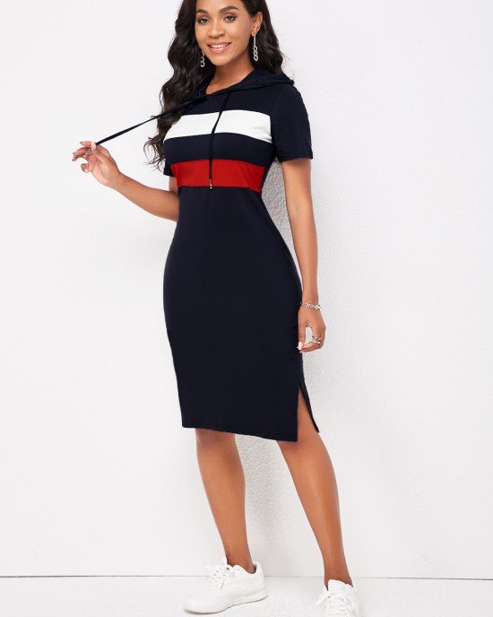 Short Sleeve Hooded Collar Striped Dress