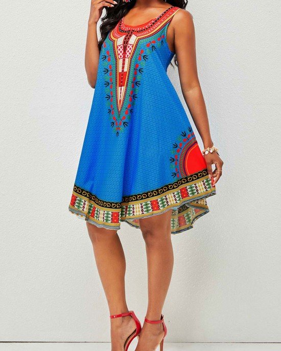 Wide Strap Tribal Print Round Neck Dress