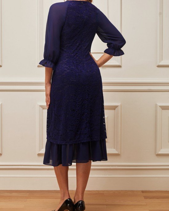 Navy Blue Lace Patchwork V Neck Dress