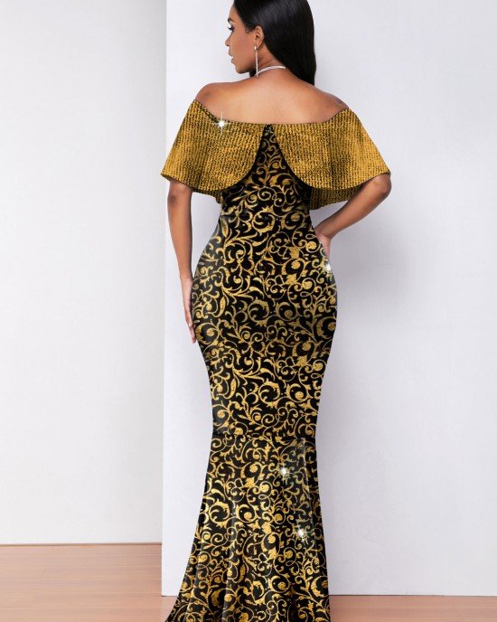 Hot Stamping Golden Off Shoulder Maxi Dress