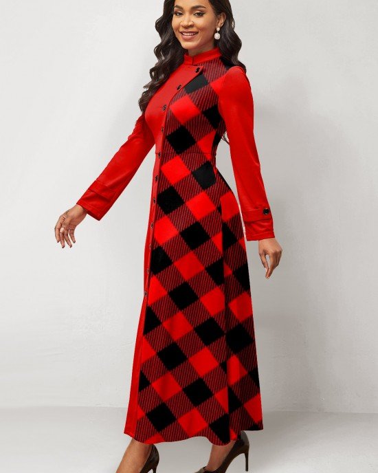 Plaid Patchwork Stand Collar Maxi Dress